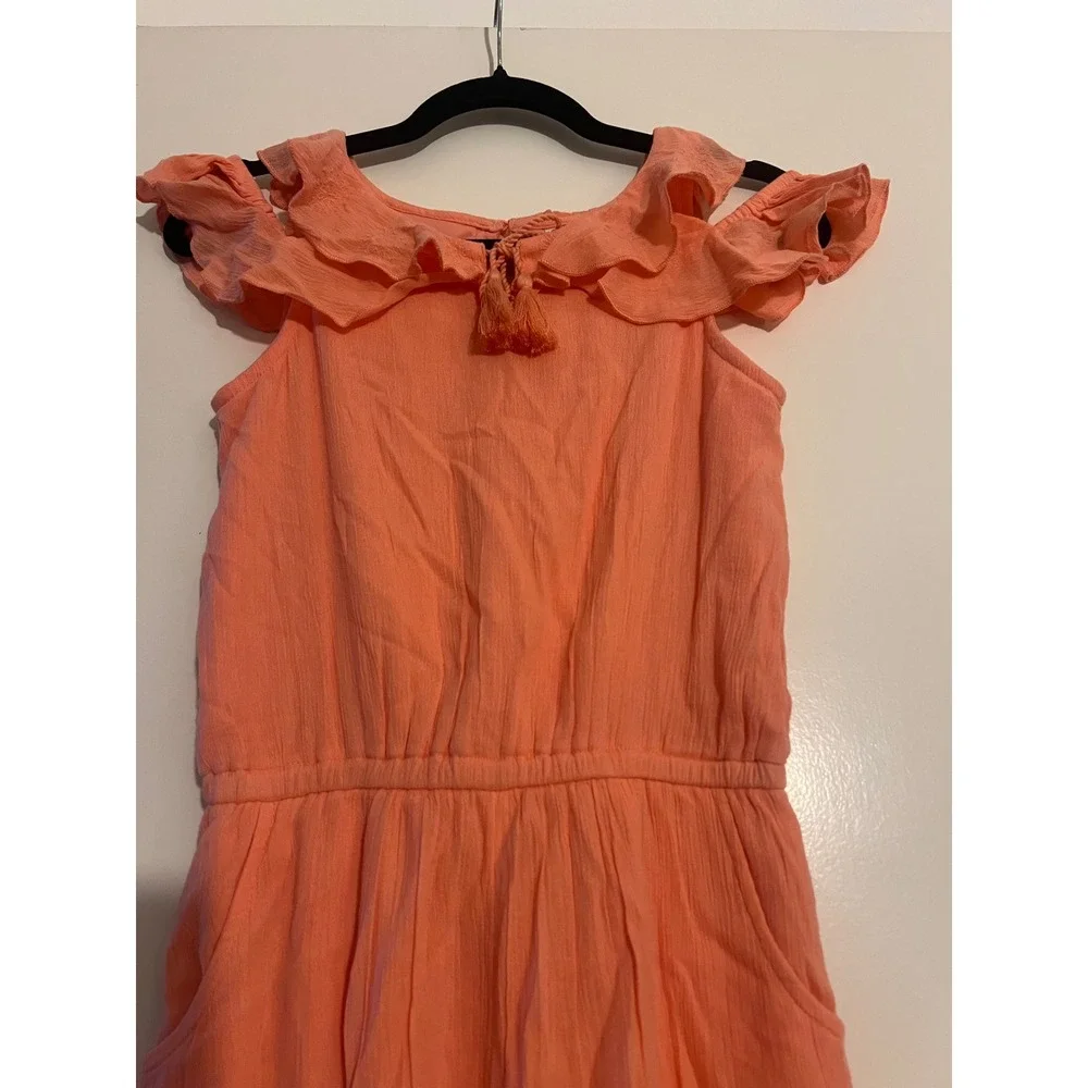 Justice Girls Coral Orange Cold Shoulder Ruffle Tassel Romper